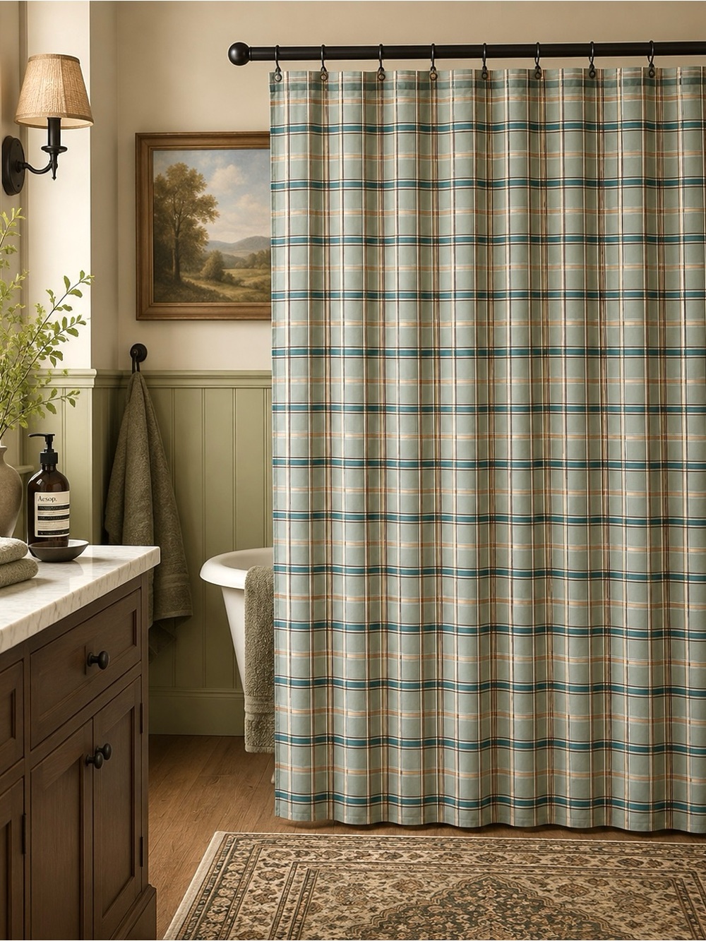 English Country Plaid Shower Curtain Rustic Lodge Cottage Traditional Heritage